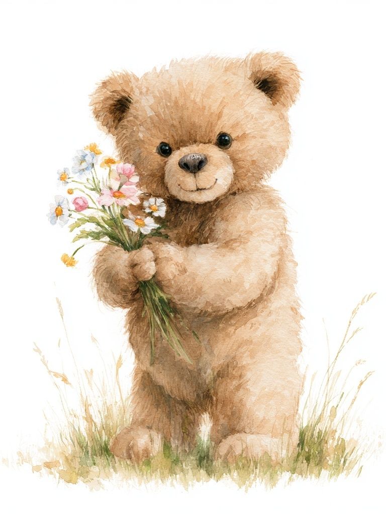 Teddy Bear with Flowers Illustration Poster. poster — kids art
