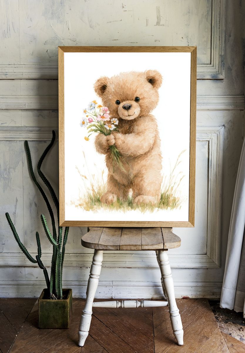 Teddy Bear with Flowers Illustration Poster. — room view 1