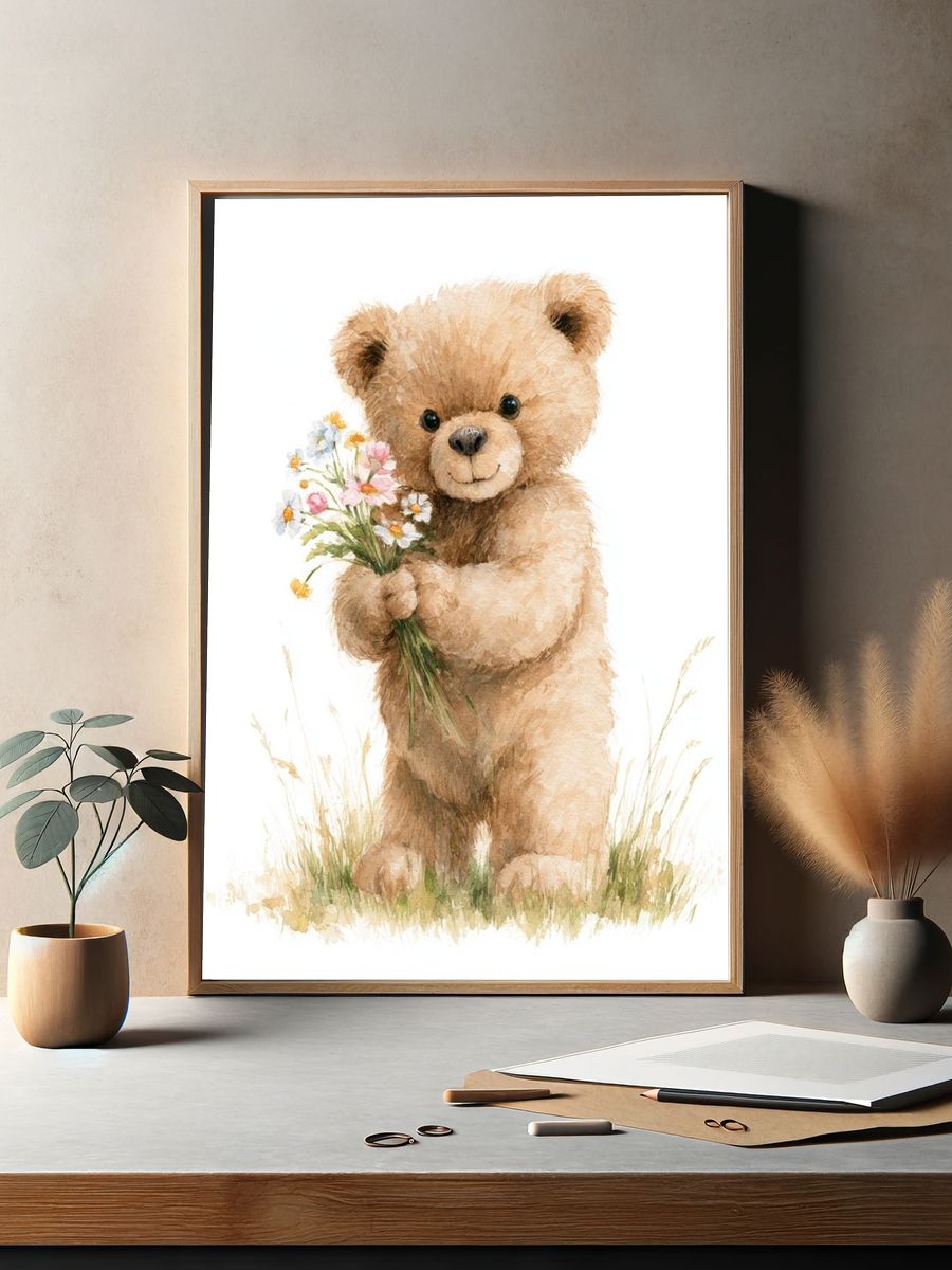 Teddy Bear with Flowers Illustration Poster. — room view 2