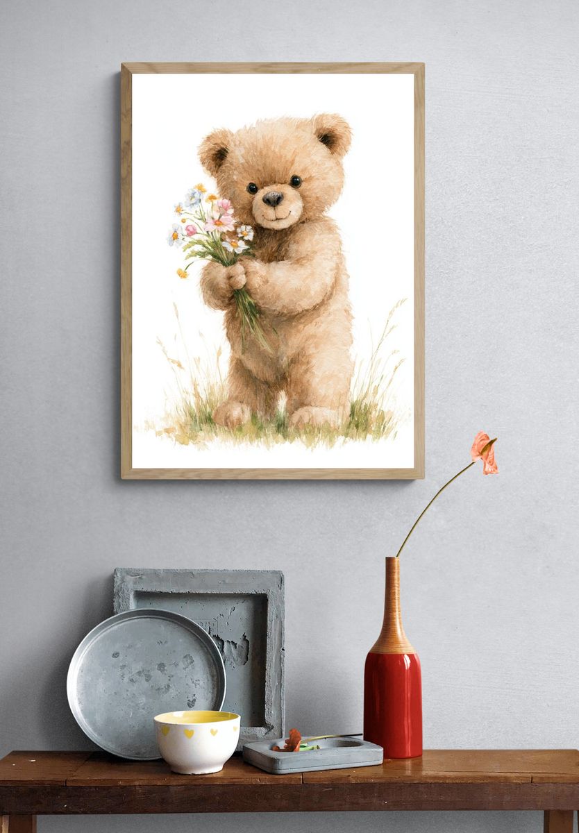 Teddy Bear with Flowers Illustration Poster. — room view 3