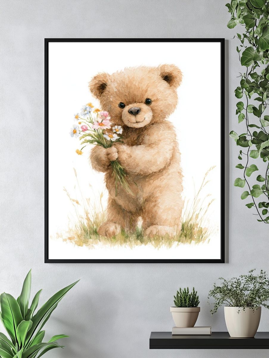 Teddy Bear with Flowers Illustration Poster. — room view 4