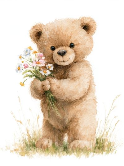 Teddy Bear with Flowers Illustration Poster. poster