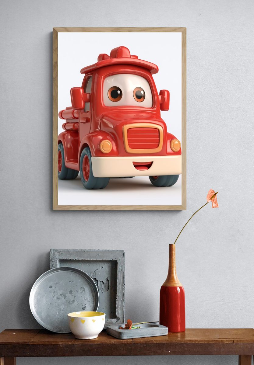 Smiling Red Fire Truck Illustration Poster. — room view 3