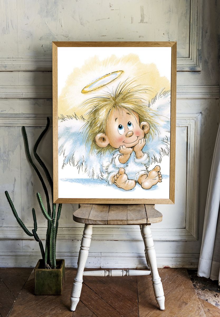 Cute Angel Child Watercolor Print. room preview