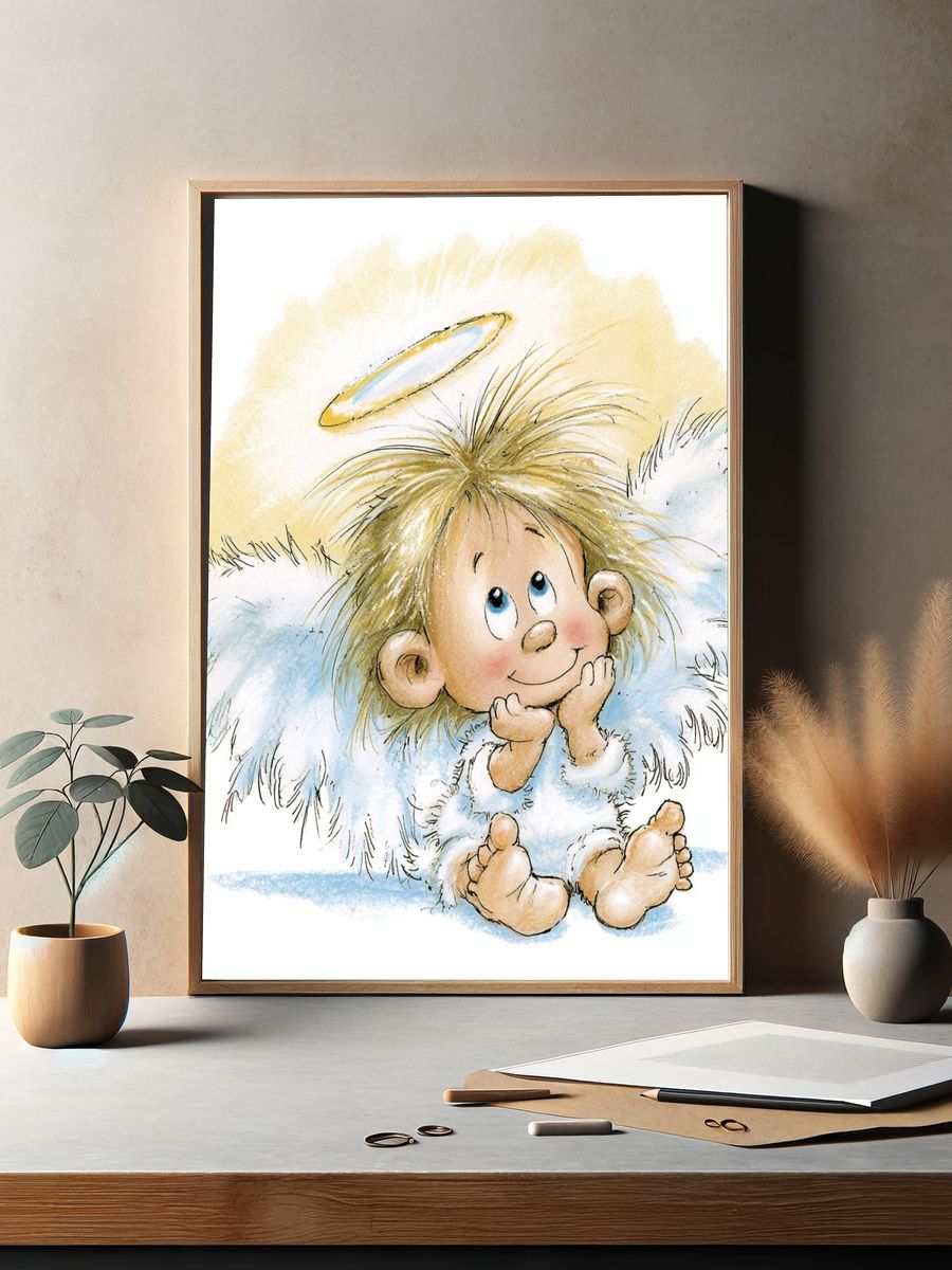 Cute Angel Child Watercolor Print. — room view 2