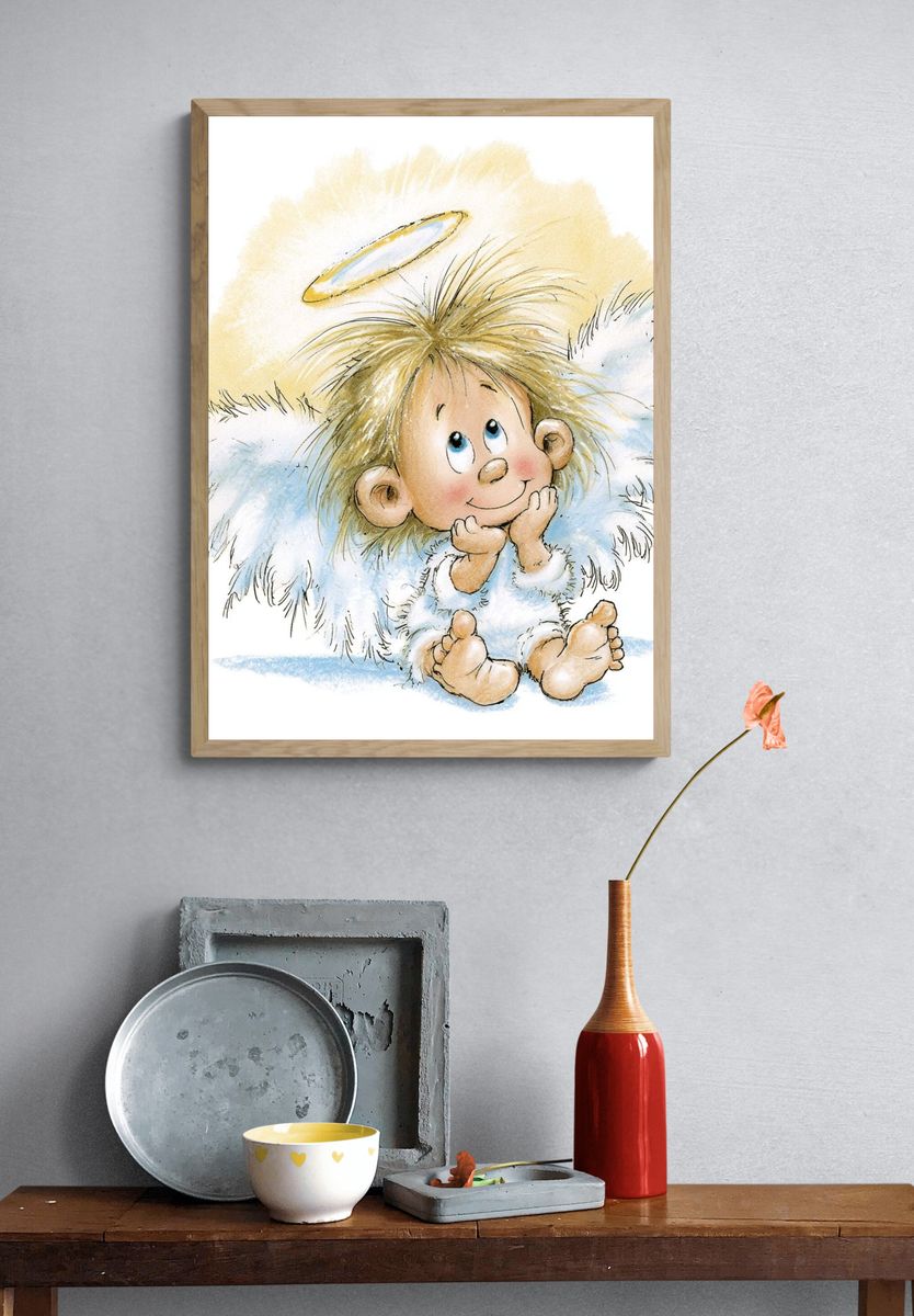 Cute Angel Child Watercolor Print. — room view 3