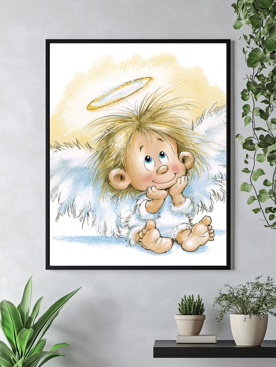 Cute Angel Child Watercolor Print. — room view 4