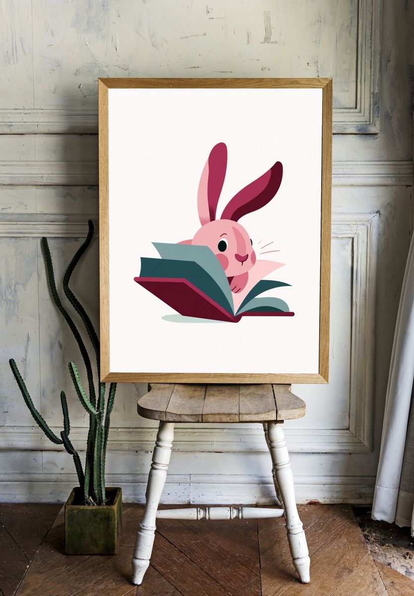 Reading Bunny Cartoon Print. — room view 1