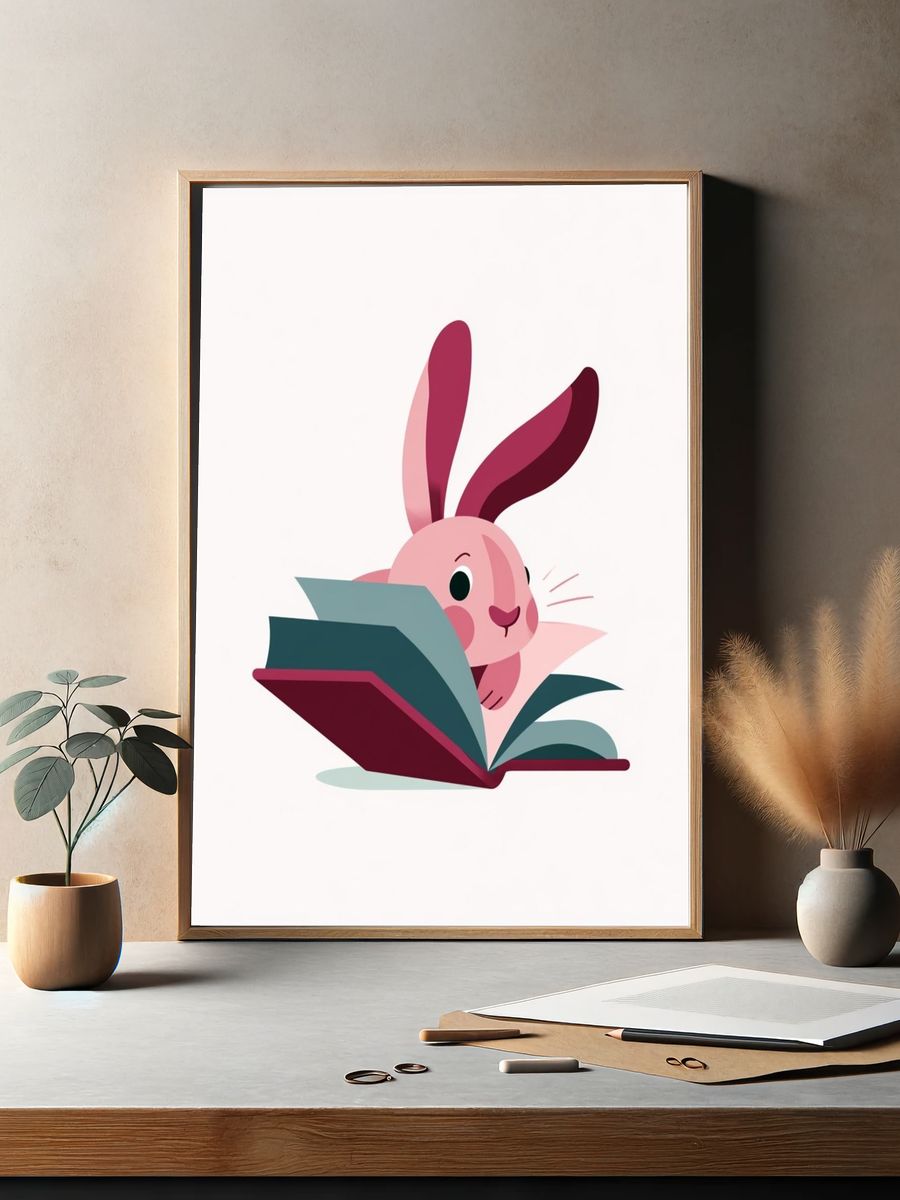 Reading Bunny Cartoon Print. — room view 2