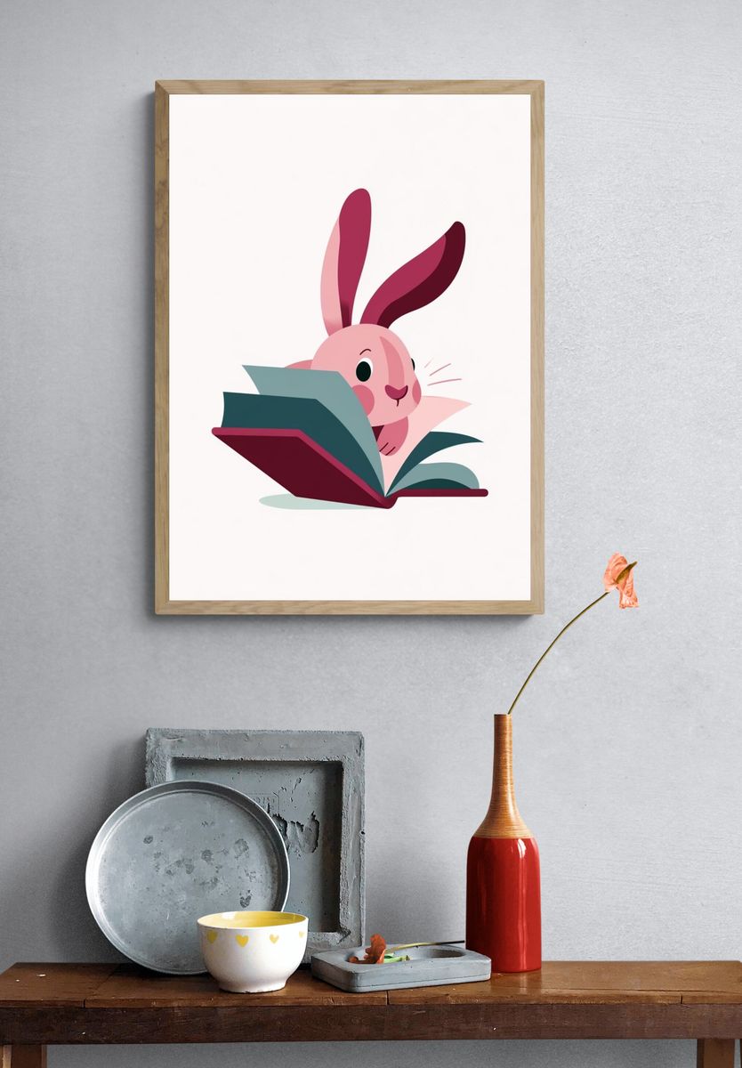 Reading Bunny Cartoon Print. — room view 3