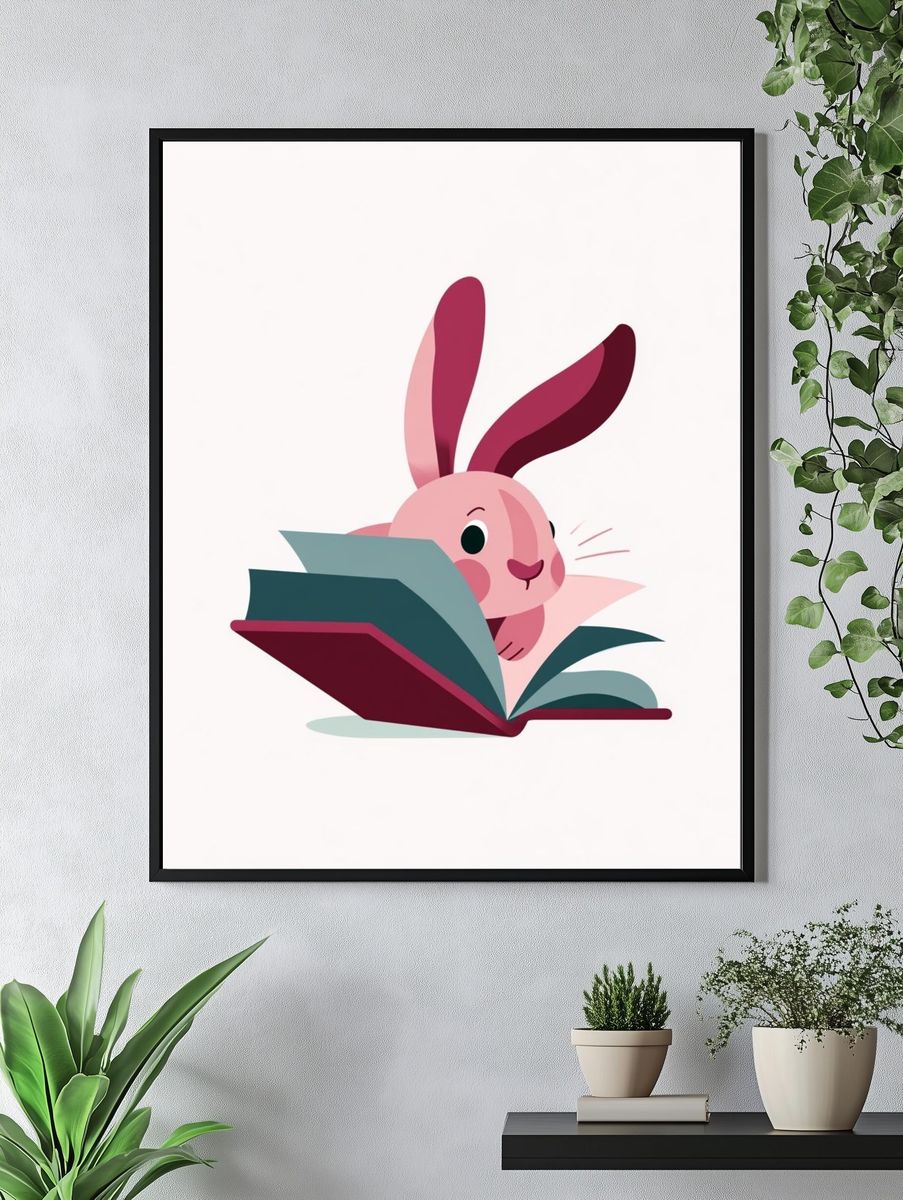 Reading Bunny Cartoon Print. — room view 4