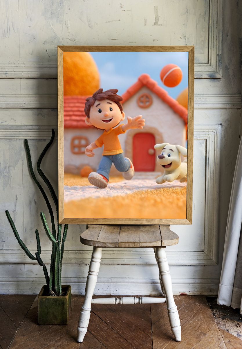 Happy Boy and Dog — Cartoon Print. room preview