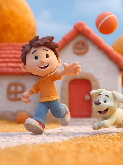 Happy Boy and Dog — Cartoon Print. poster print