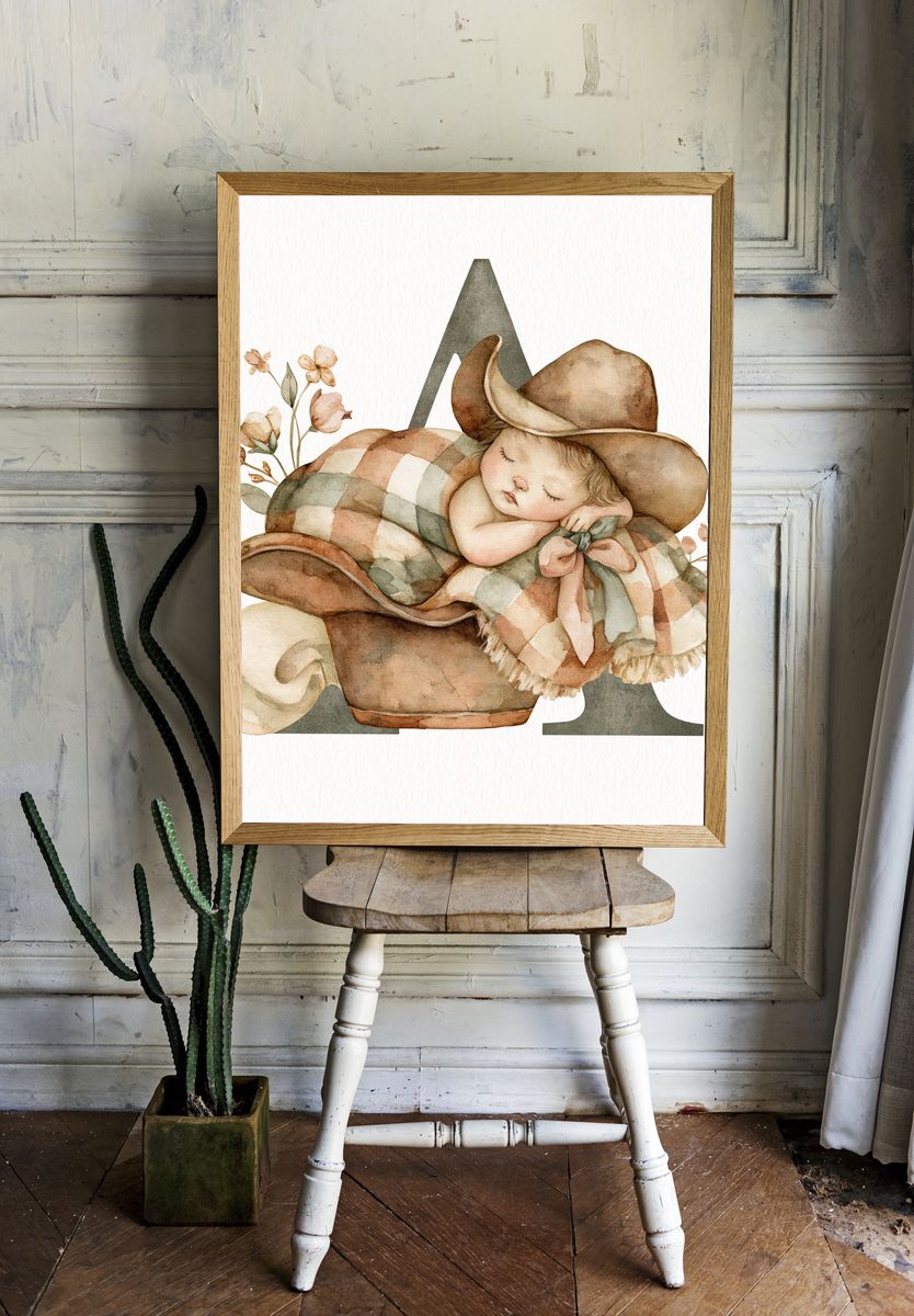 Sleeping Cowboy Baby Illustration Print. — room view 1