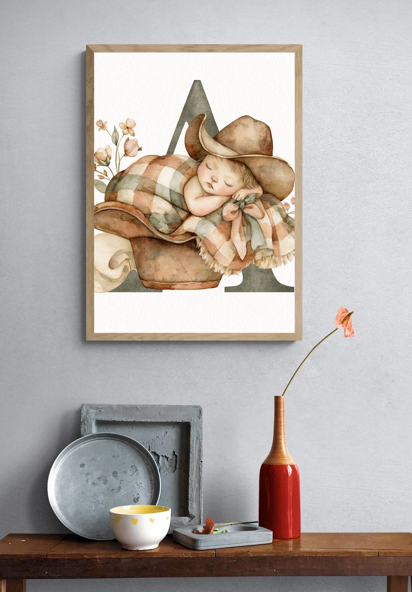 Sleeping Cowboy Baby Illustration Print. — room view 3