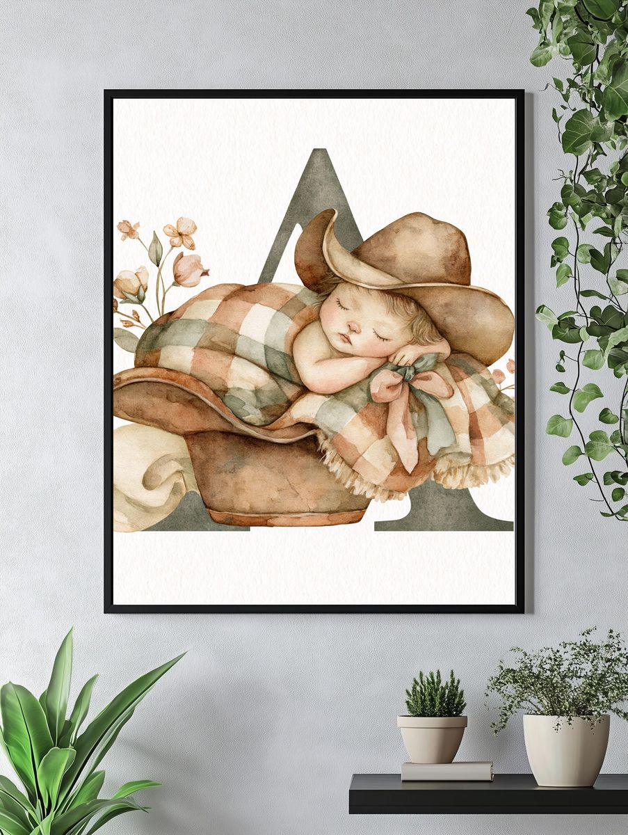 Sleeping Cowboy Baby Illustration Print. — room view 4