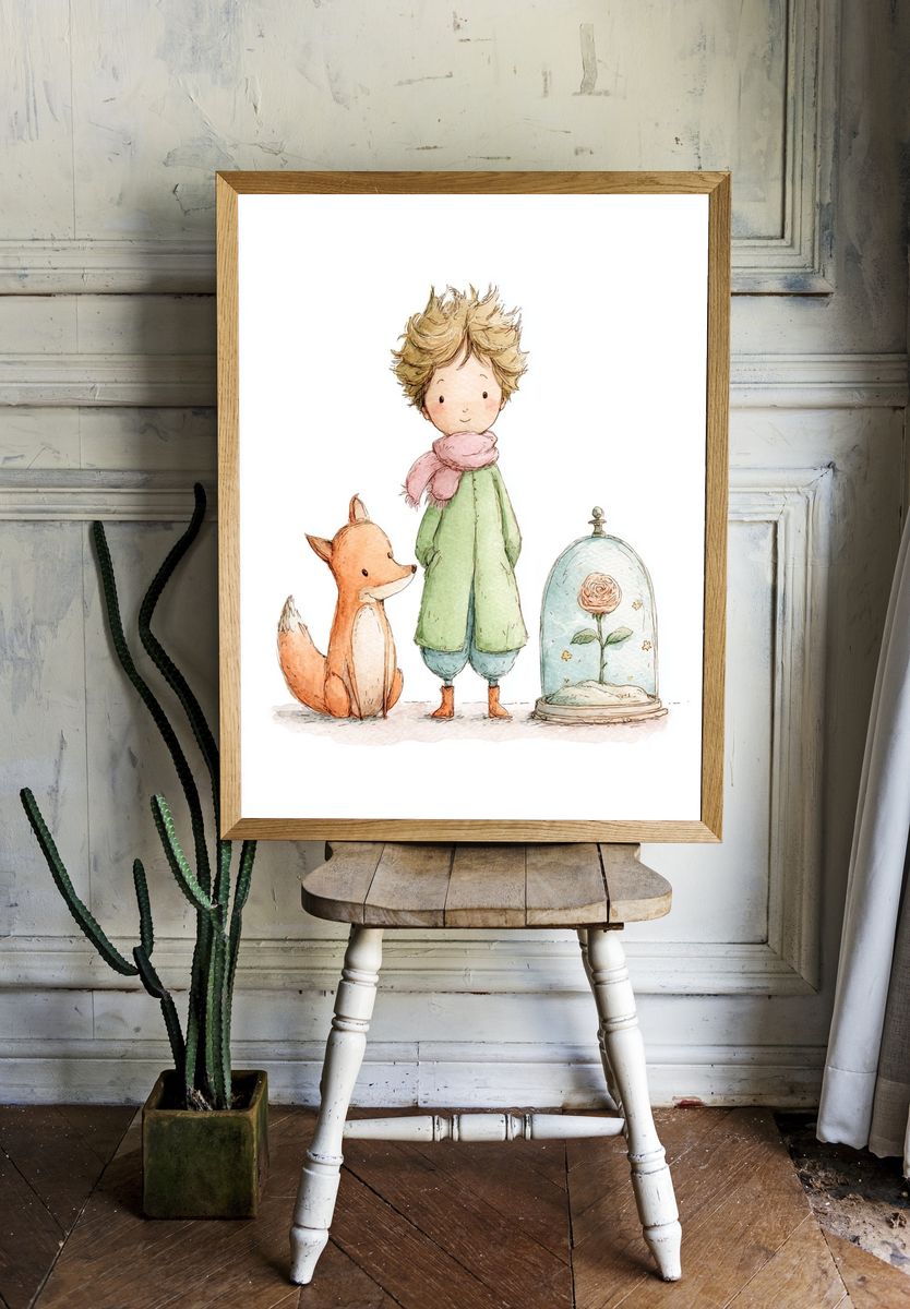 Whimsical Boy and Fox — Illustration Print. room preview