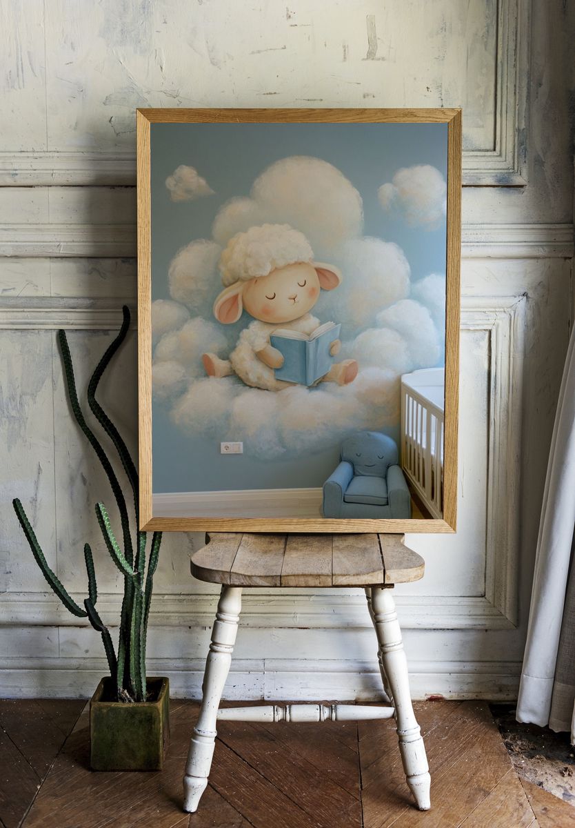 Sleeping Lamb Cloud Nursery Poster. — room view 1