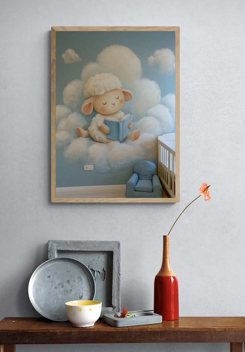 Sleeping Lamb Cloud Nursery Poster. — room view 3