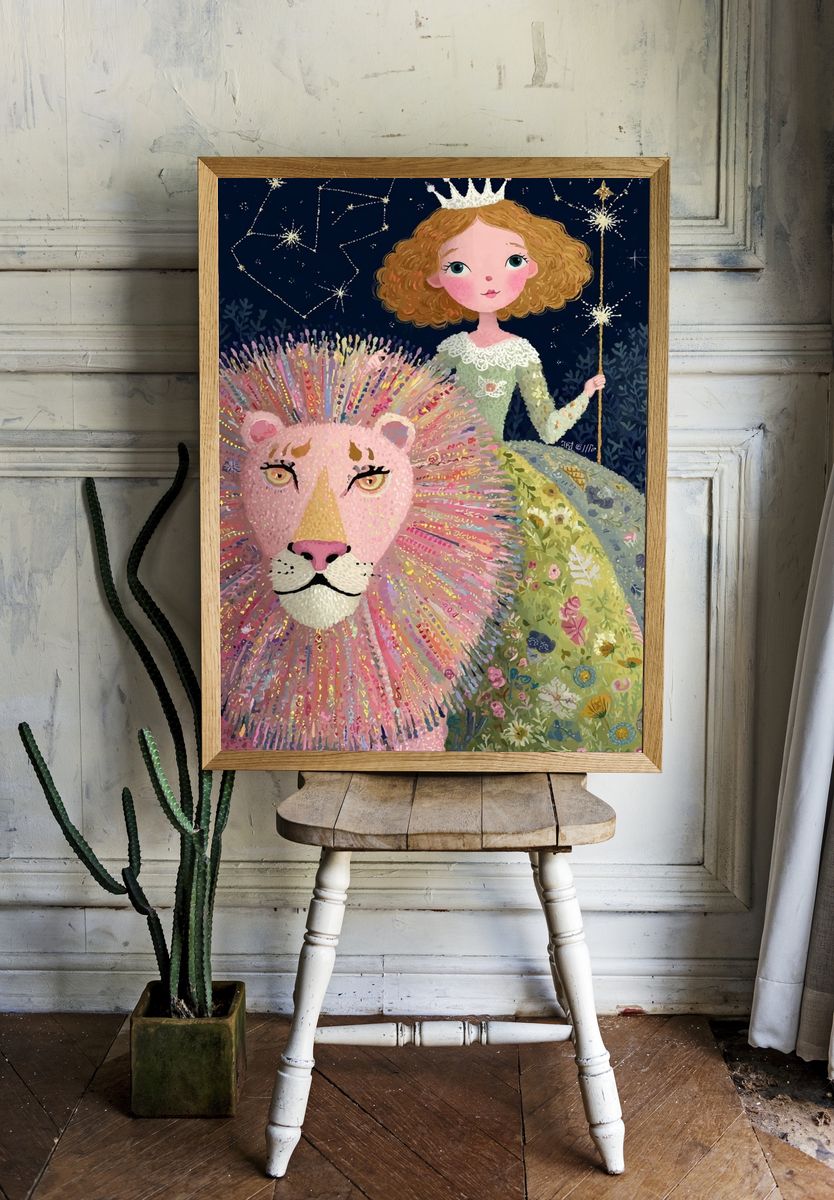 Princess and Lion — Whimsical Print. room preview