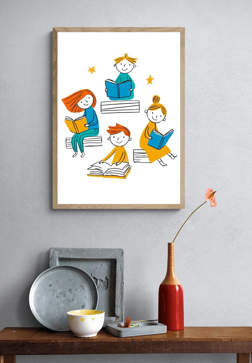 Children Reading Illustration Poster. — room view 3
