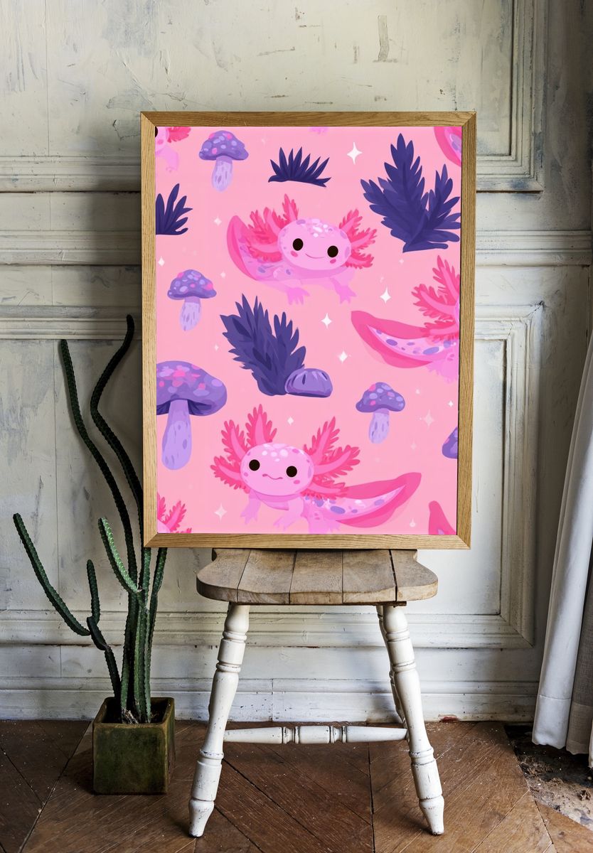 Axolotl Mushroom Pattern Poster. room preview
