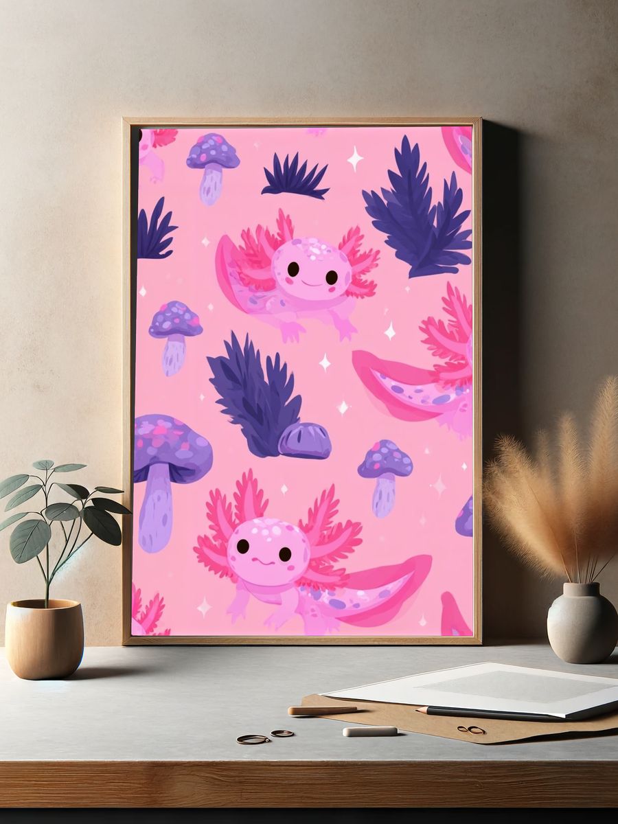 Axolotl Mushroom Pattern Poster. — room view 2