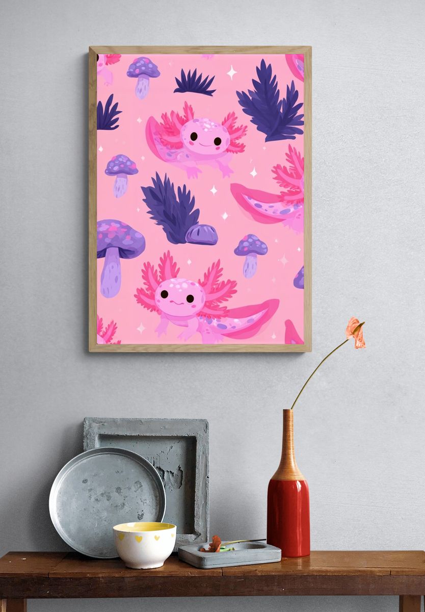 Axolotl Mushroom Pattern Poster. — room view 3