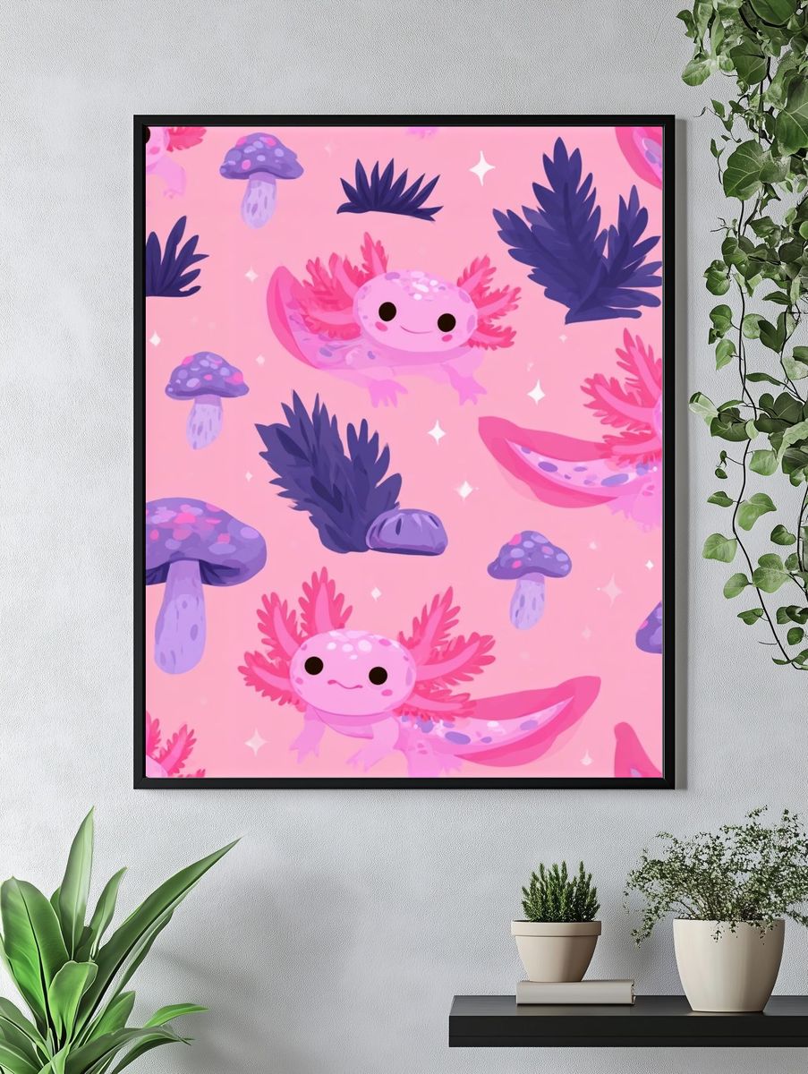 Axolotl Mushroom Pattern Poster. — room view 4