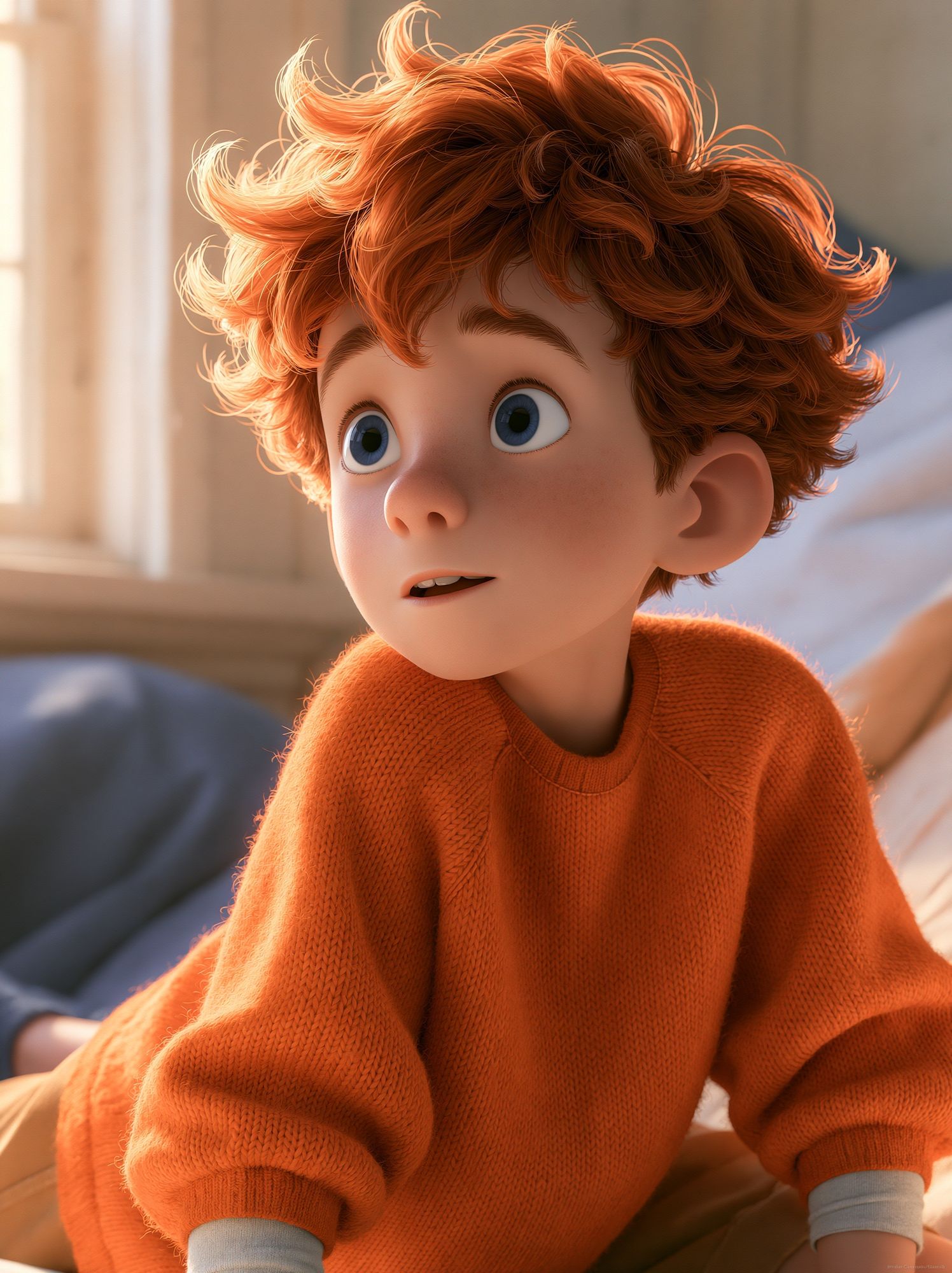 Curious Red-Haired Boy Portrait Print. poster — kids art