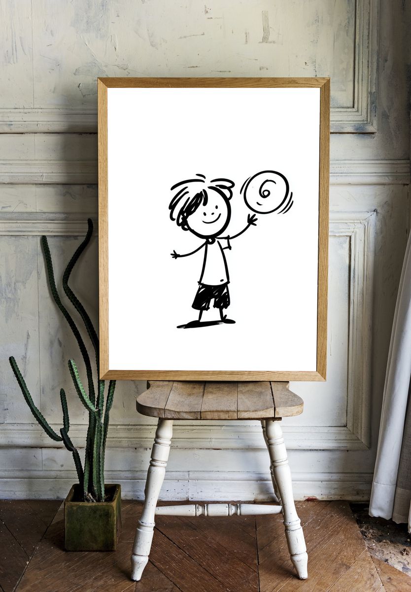 Child with Ball Line Art Poster. — room view 1