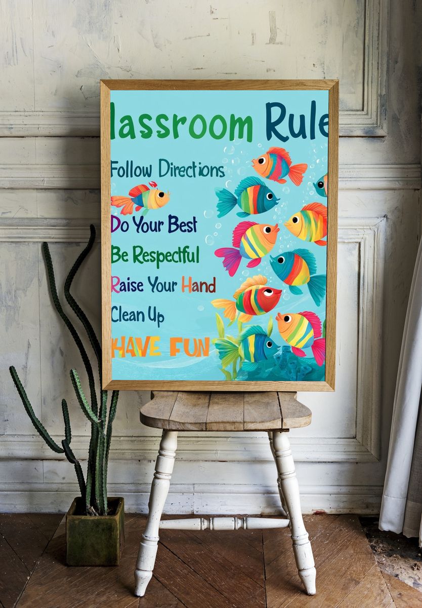 Classroom Rules Fish Illustration Poster. — room view 1
