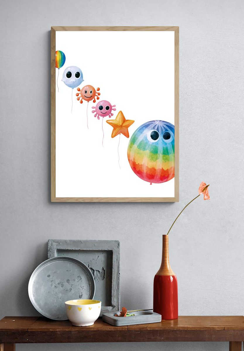 Rainbow Balloon Friends Illustration Poster. — room view 3