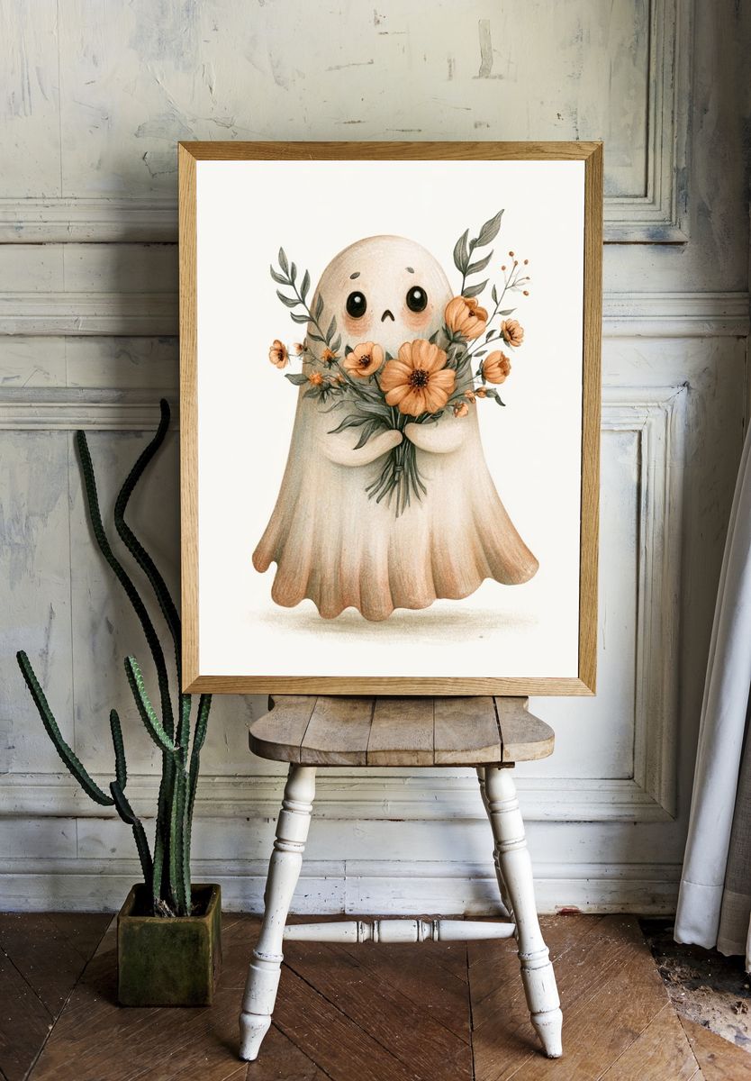 Ghost with Flowers Illustration Poster. room preview