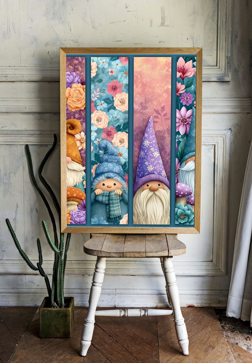Whimsical Garden Gnomes Illustration Poster. — room view 1