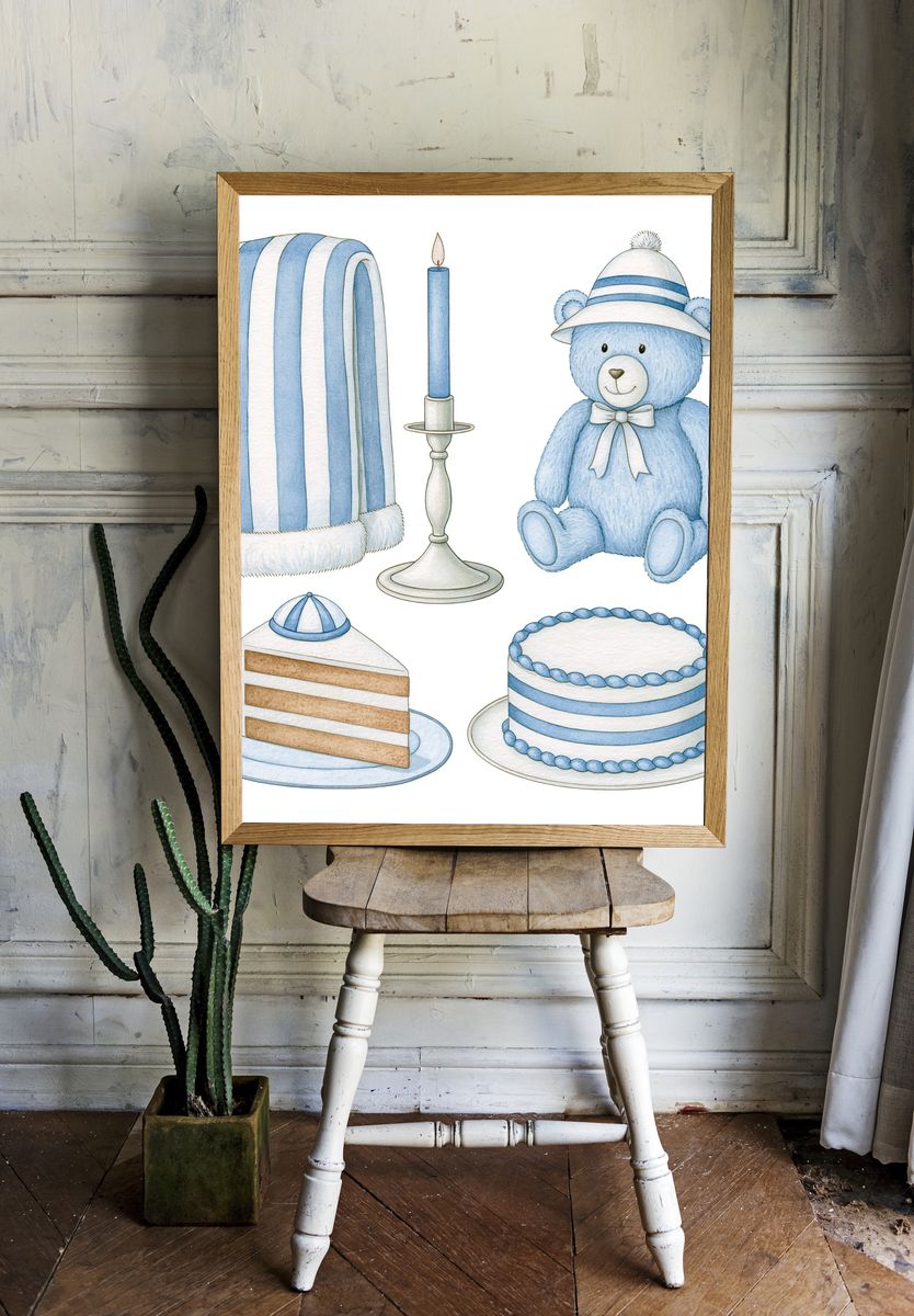 Blue Teddy Nursery Illustration Poster. — room view 1