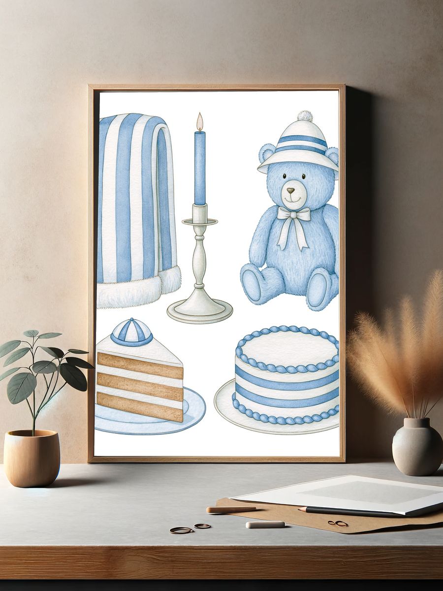 Blue Teddy Nursery Illustration Poster. — room view 2