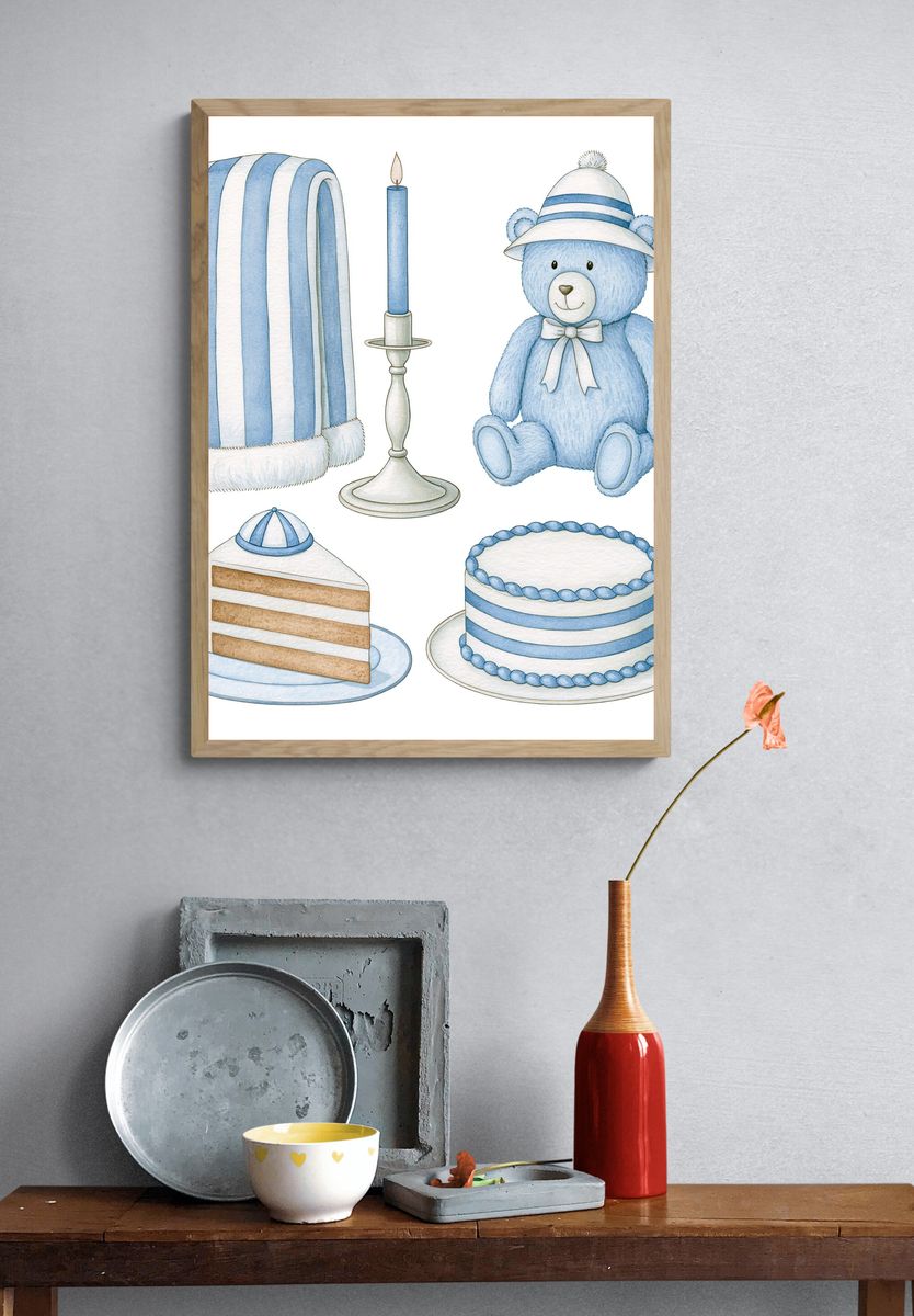 Blue Teddy Nursery Illustration Poster. — room view 3