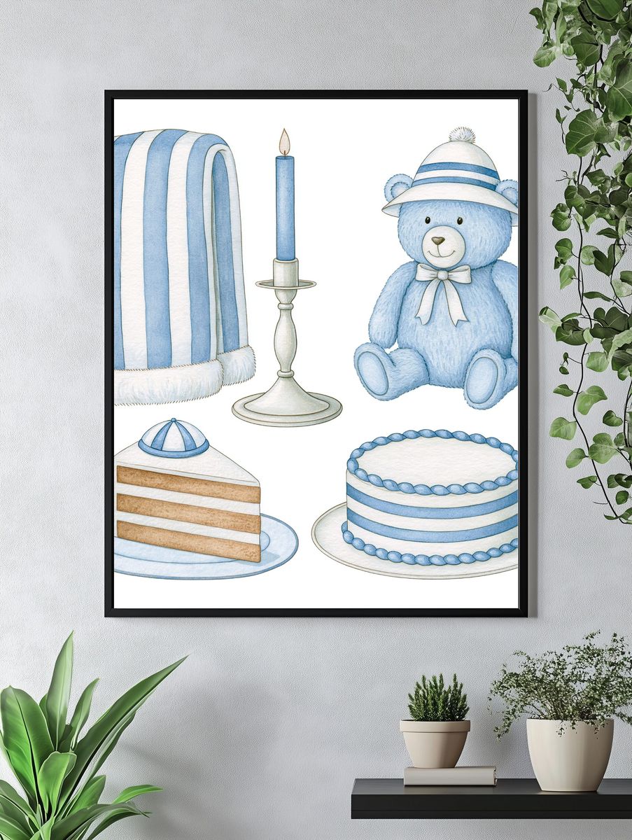 Blue Teddy Nursery Illustration Poster. — room view 4