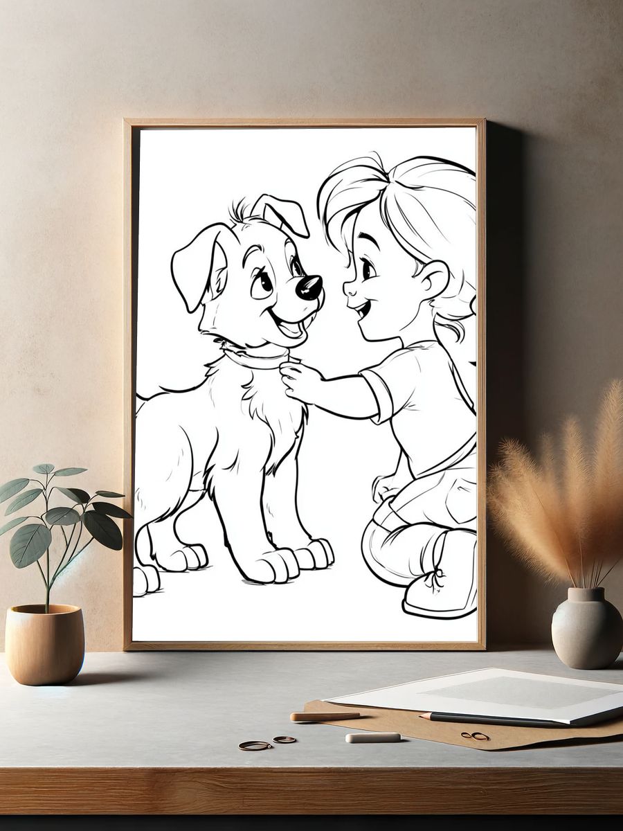 Girl and Puppy Line Art Poster. — room view 2