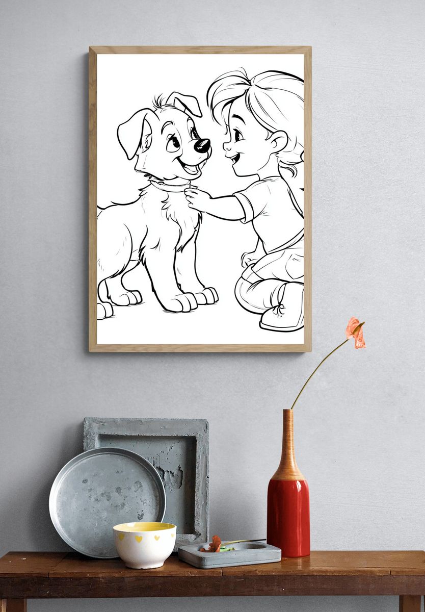 Girl and Puppy Line Art Poster. — room view 3