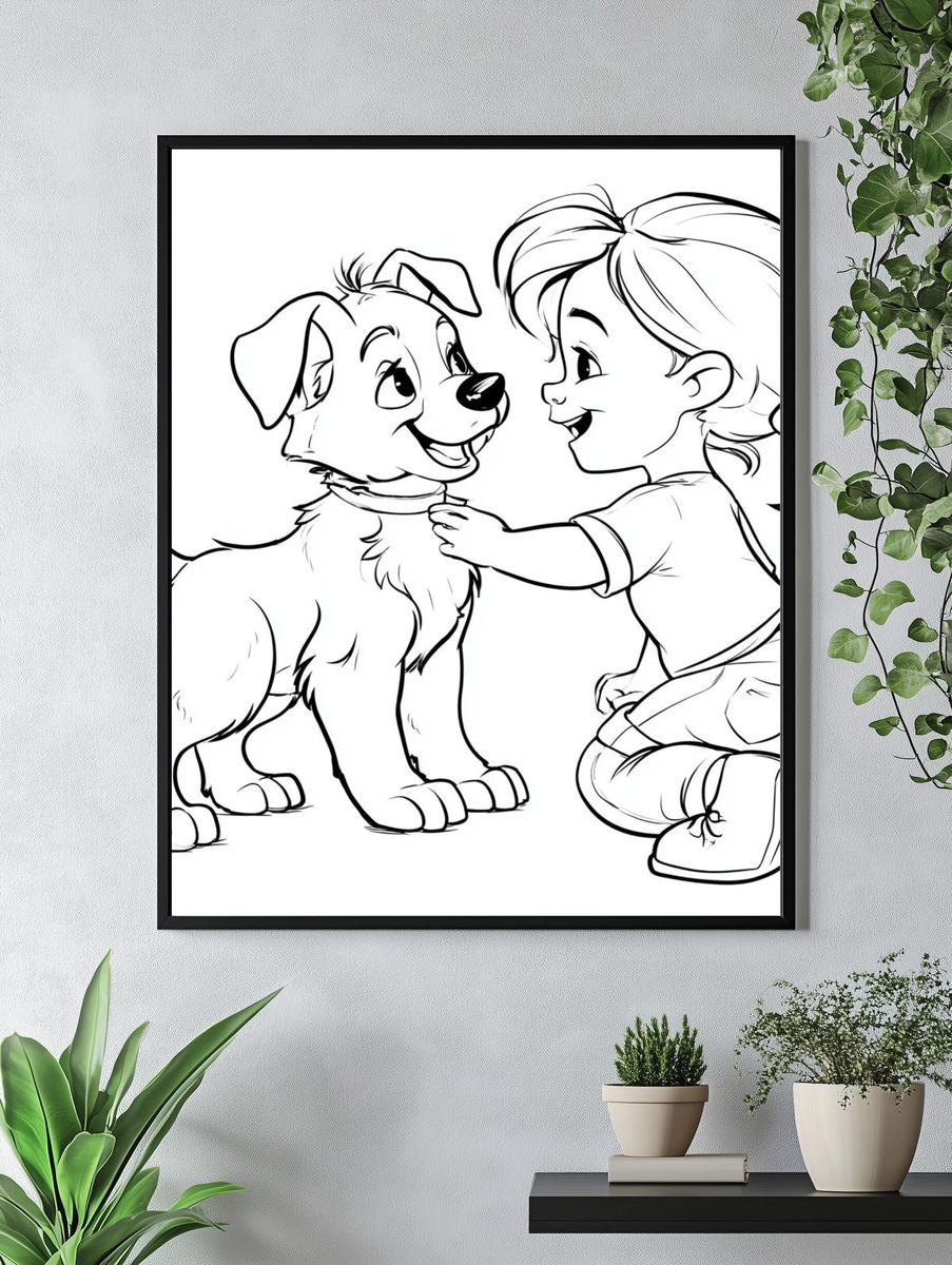 Girl and Puppy Line Art Poster. — room view 4
