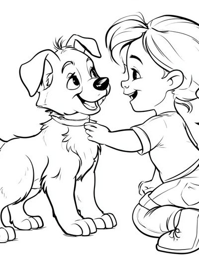 Girl and Puppy Line Art Poster. poster