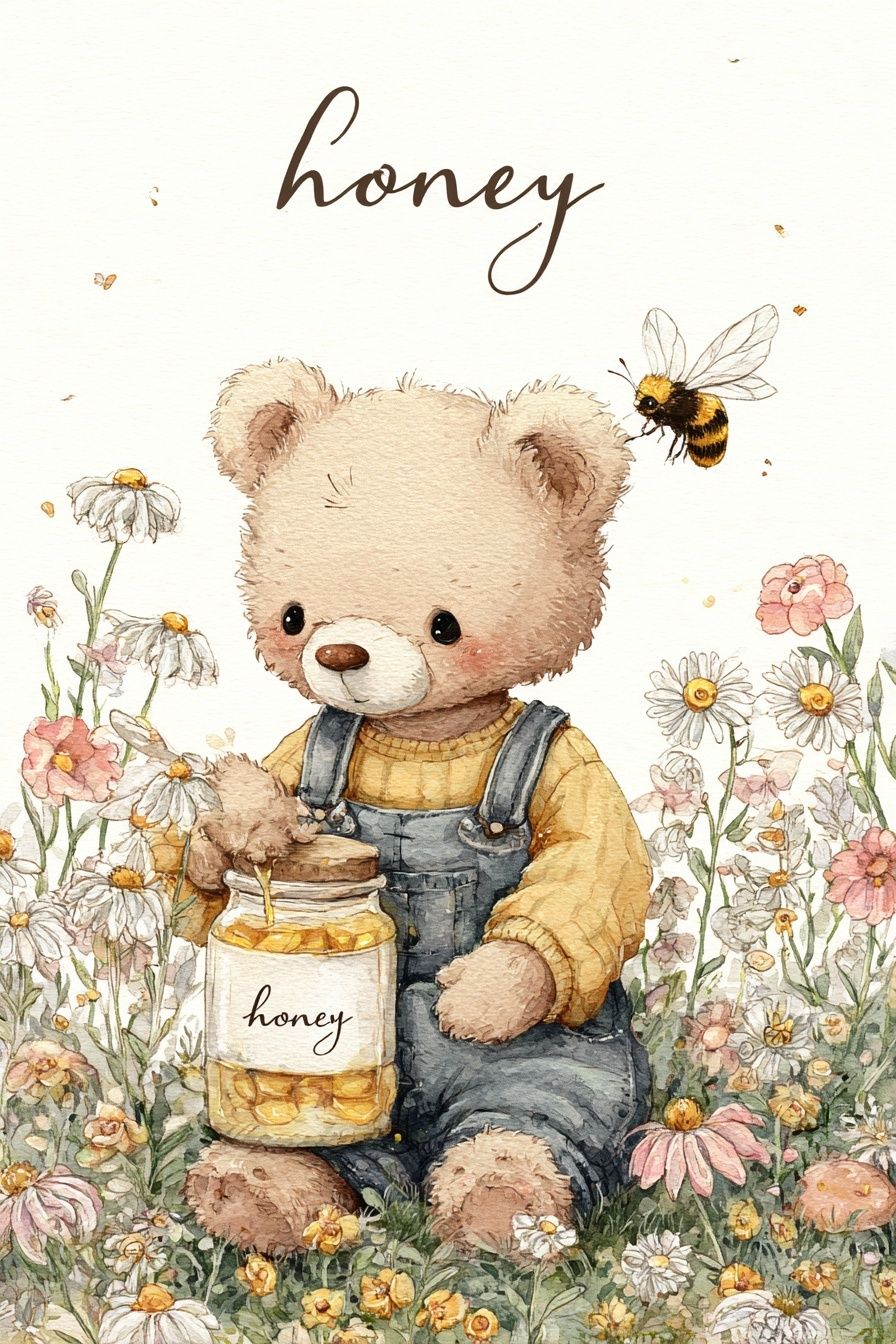 Cute Bear with Honey — Illustration Print. poster — illustration art