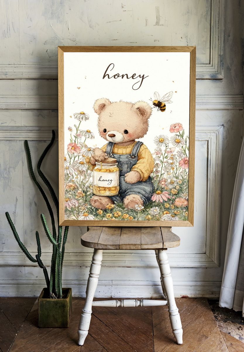 Cute Bear with Honey — Illustration Print. room preview