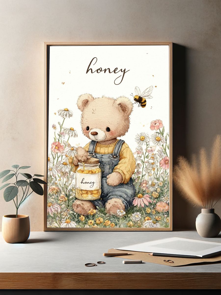 Cute Bear with Honey — Illustration Print. — room view 2