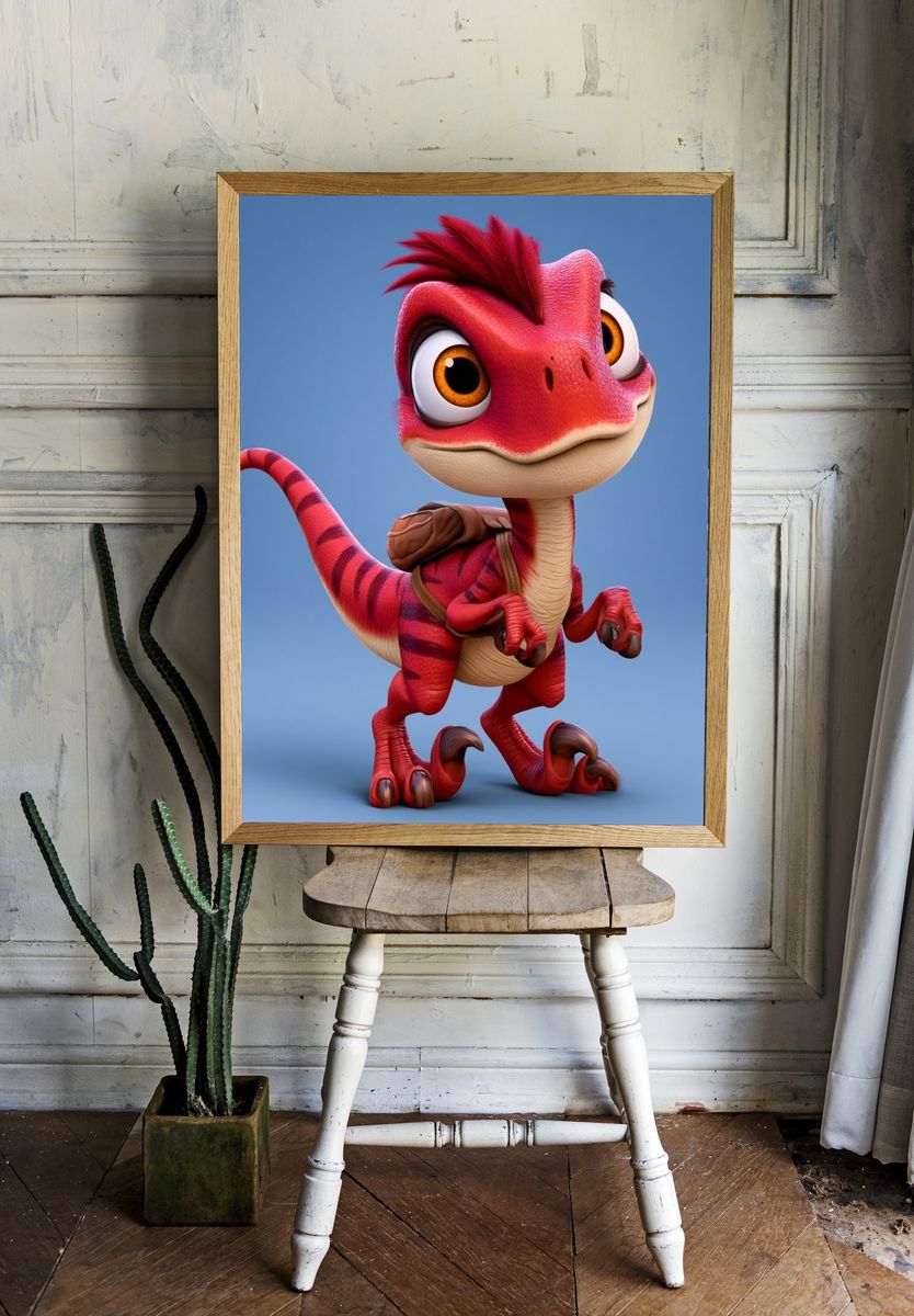 Cute Red Dinosaur Illustration Poster. — room view 1