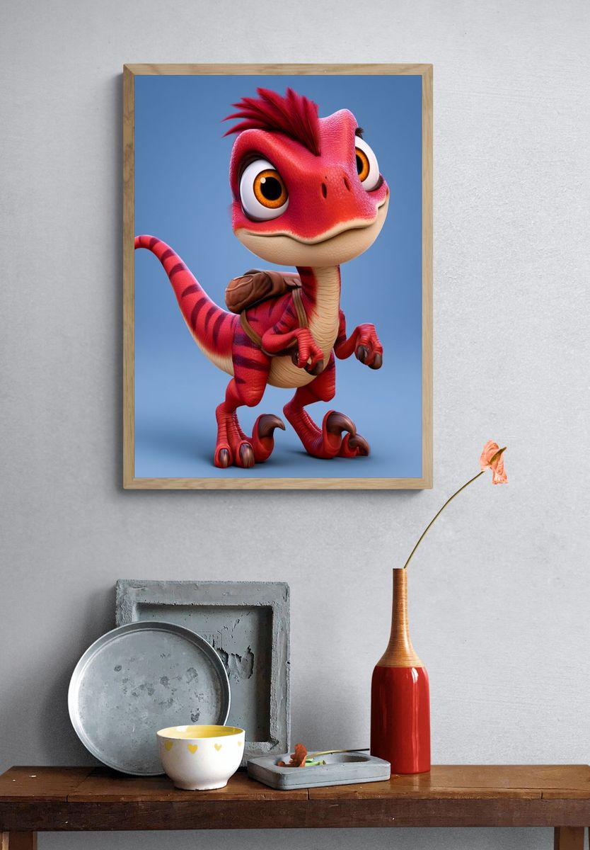 Cute Red Dinosaur Illustration Poster. — room view 3