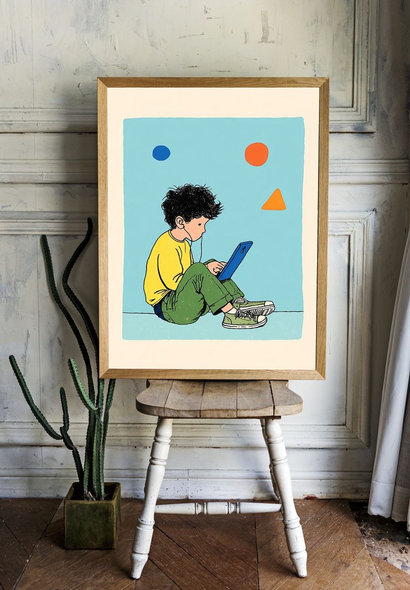 Child with Tablet — Illustration Print. room preview