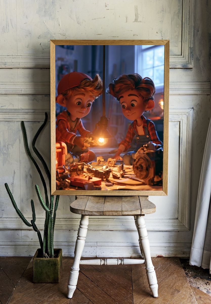 Boy Inventors Workshop Illustration Poster. — room view 1